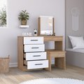 Tuhome Kaia Makeup Dressing Table, Four Drawers, One Mirror, Stool, Pine/White TMB7906